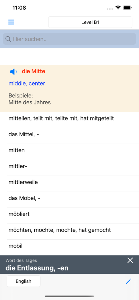 Wortschatz Deutsch A1 A2 B1 - German vocabulary list and word details in the Wortschatz Deutsch app
