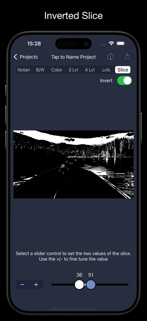 NotanIzer - 풍경 이미지에서 특정 밝은 값을 격리하는 데 사용되는 반전 슬라이스 기능을 보여주는 NotanIzer 앱 인터페이스.