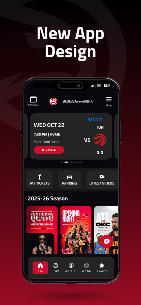 Home screen of the Atlanta Hawks and State Farm Arena mobile app showing tickets parking and latest video options