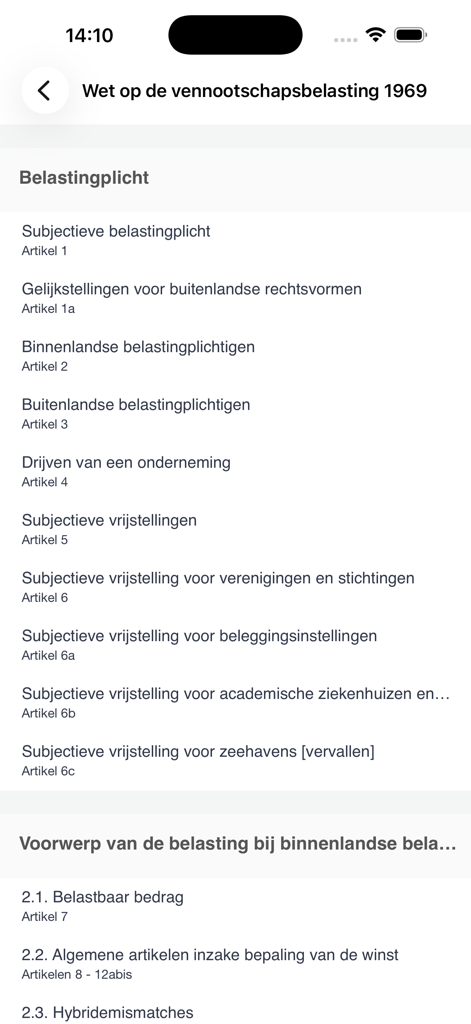 Wetten - Elenco di articoli della Legge sull'imposta sul reddito delle società olandese del 1969 visualizzato nell'interfaccia dell'app Wetten.