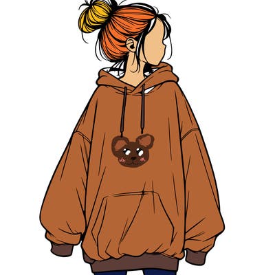realistic girl with a oversized sweatshirt on and a bun