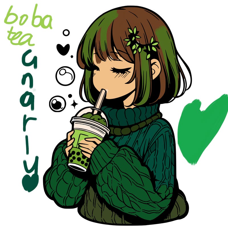 manga girl drinking boba in cozy sweater