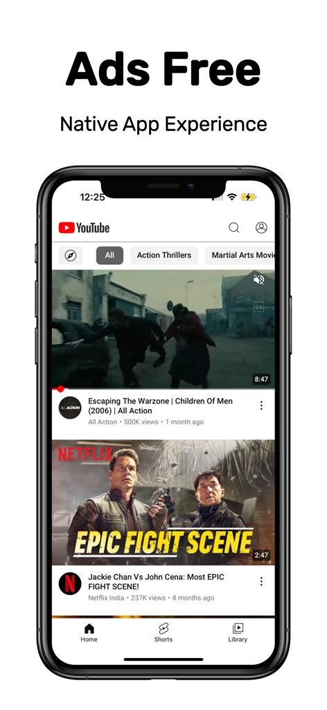 Smartphone displaying the Viddle app interface showing an ad-free video browsing experience with a native app look and feel