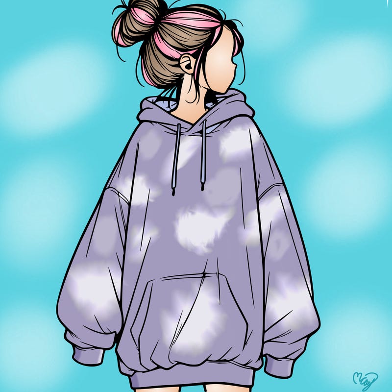 realistic girl with a oversized sweatshirt on and a bun