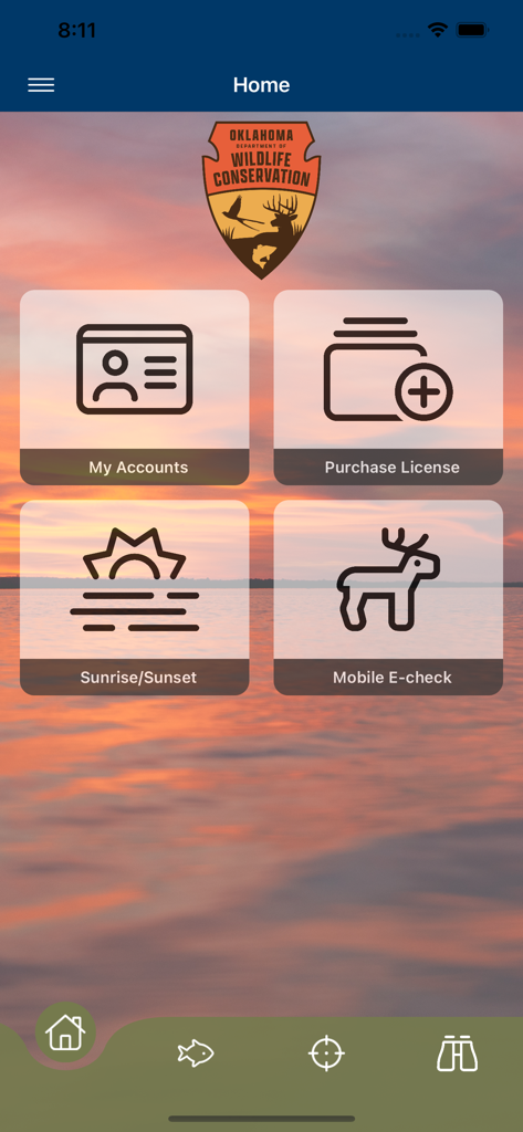 Home screen of the Go Outdoors Oklahoma app featuring hunting and fishing services