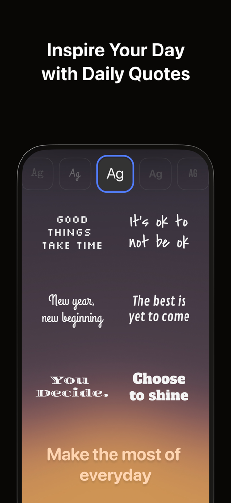 Una pantalla de teléfono que muestra varias citas inspiradoras diarias en diferentes fuentes estéticas para la personalización de la pantalla de inicio de iOS.