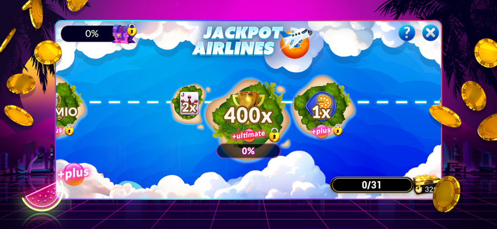 Screenshot dell'app 7REELZ che mostra il gioco bonus Jackpot Airlines con isole e moltiplicatori di premi