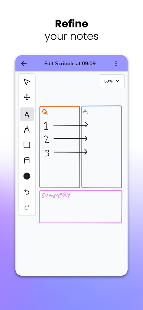 Genio Notes - Interfaz de la aplicación móvil Genio Notes que muestra notas escritas a mano que se refinan con secciones de preguntas y respuestas y resúmenes estructurados