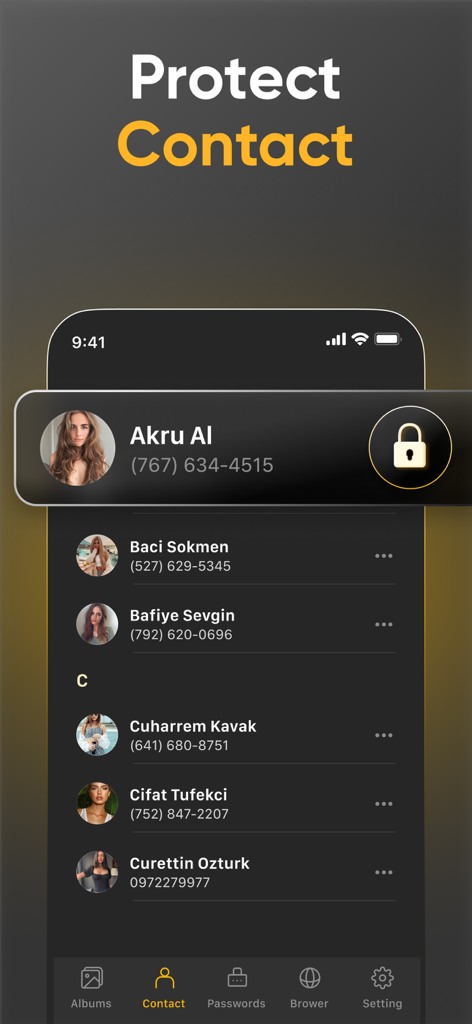 A screenshot of the SPV Photo Vault app showing a list of private contacts with a secure lock icon