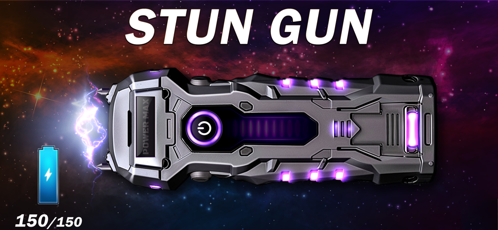 Gun Simulator - Gun Sounds - Digital 3D simulation of a futuristic stun gun with purple electric arcs