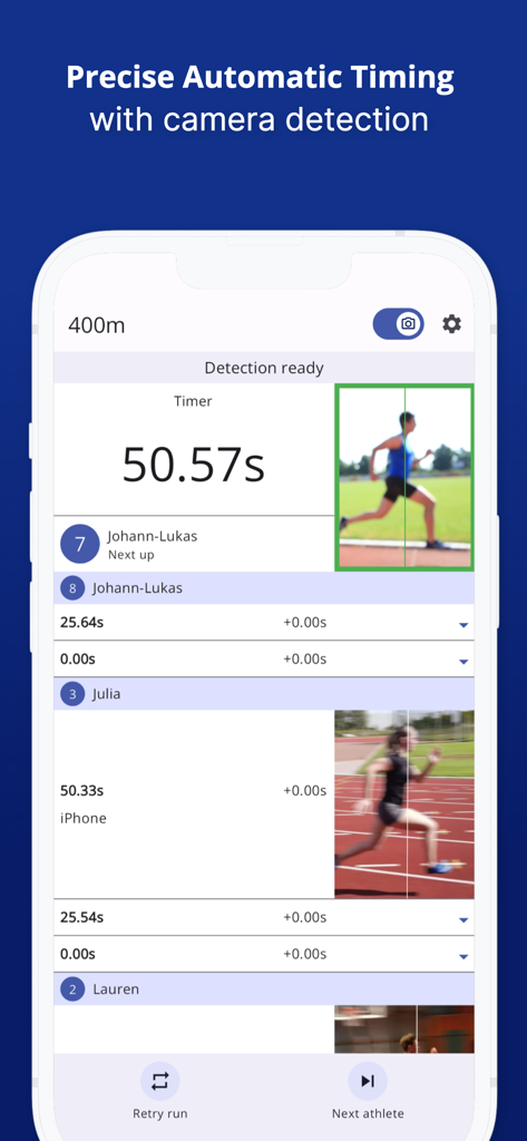 Photo Finish: Automatic Timing - Interface de l'application Photo Finish montrant les résultats de course et la détection de caméra pour les athlètes sur piste