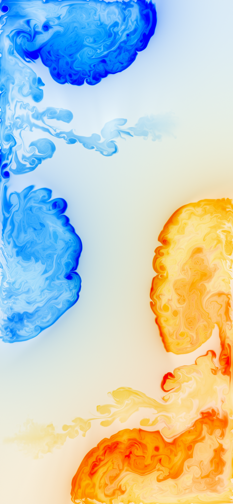 Fluid Simulation - Abstractos patrones de fluidos de color azul y naranja arremolinándose sobre un fondo claro.