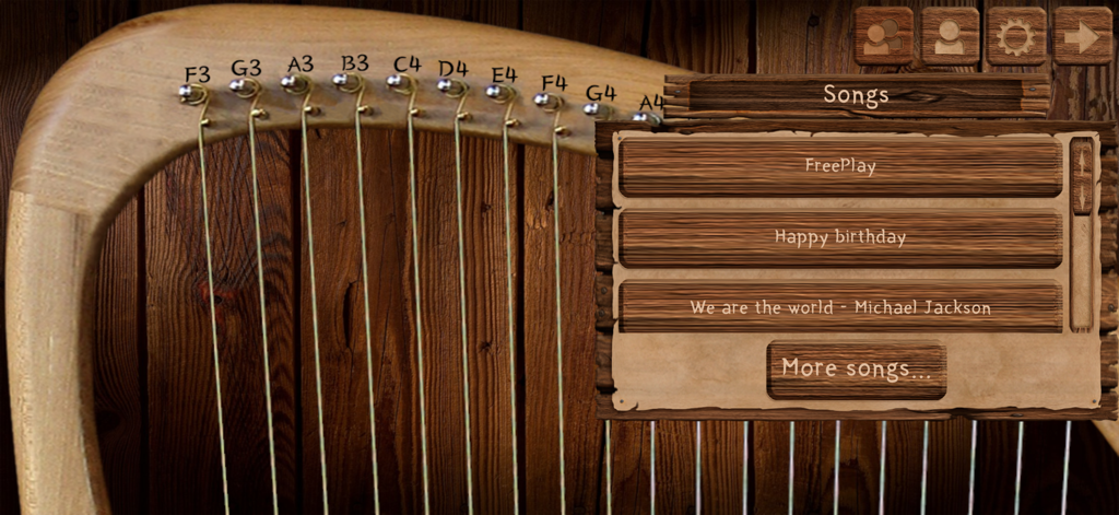 Lyre Harp Real - Lyre Harp Real app interface showing a wooden song selection menu over 19 strings