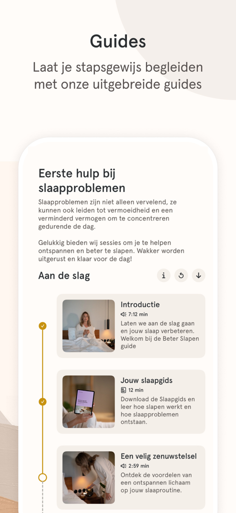 House of Deeprelax – Meditatie - A mobile app screen showing a step-by-step guide for sleep improvement within the House of Deeprelax app.