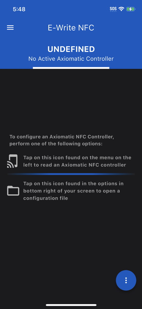 E-Write NFC - Start screen of E-Write NFC app with configuration options for Axiomatic controllers.
