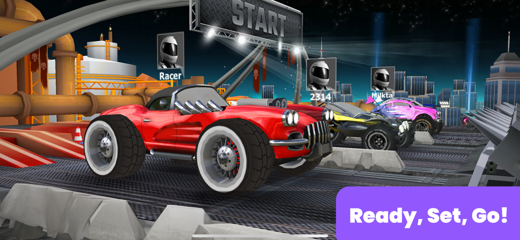 A red sports car at the starting line of a multiplayer racing game for kids.