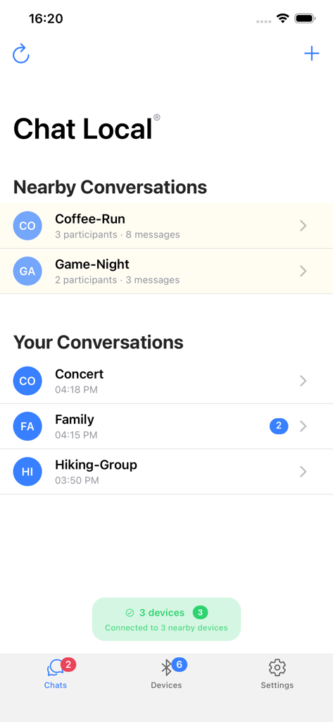 Chat Local: Offline Messaging - Chat Local app interface displaying lists of nearby and personal offline conversations and connected devices.