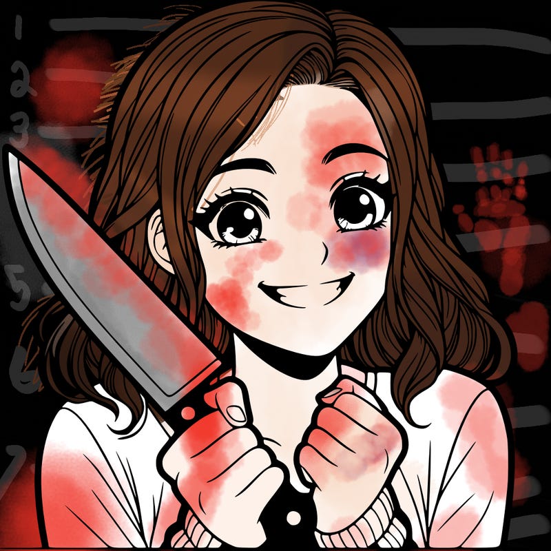 a realistic girl holding a knife and grinning