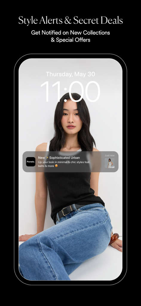 Smartphone lock screen showing a Pomelo Fashion notification for a new chic urban clothing collection.