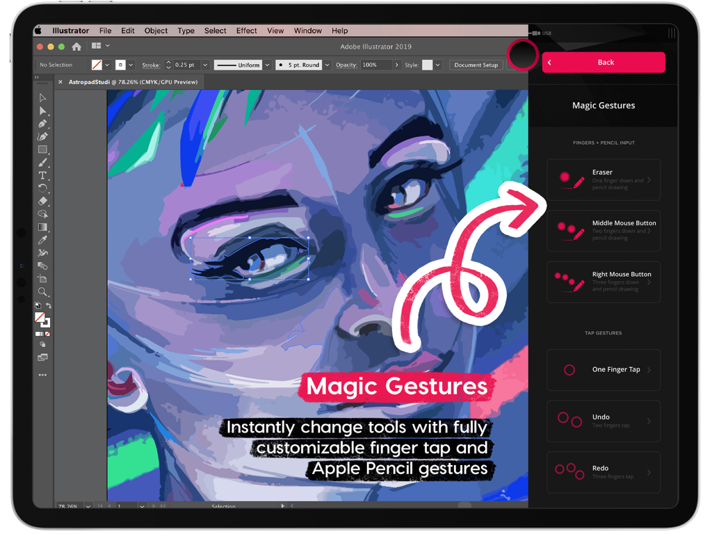 Astropad Studio Magic Gestures interface for customizable iPad drawing shortcuts