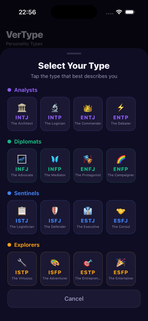 VerType: Personality Types - Interface of the VerType app displaying 16 personality types grouped into Analysts, Diplomats, Sentinels, and Explorers