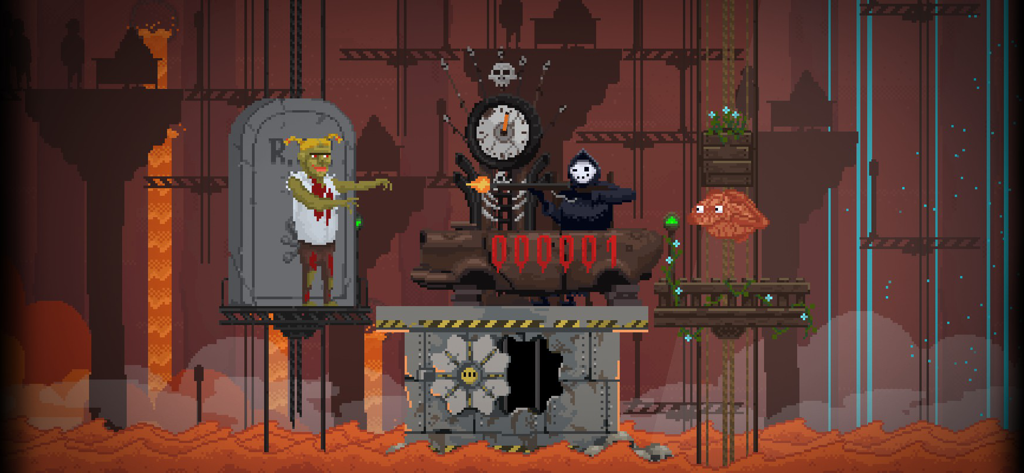 Reaper sorting a zombie in Peace Death pixel art arcade simulator.