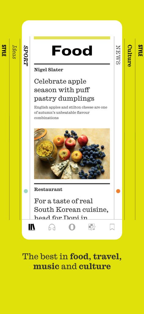 The Observer app food section showing an article about apple recipes and lifestyle navigation.