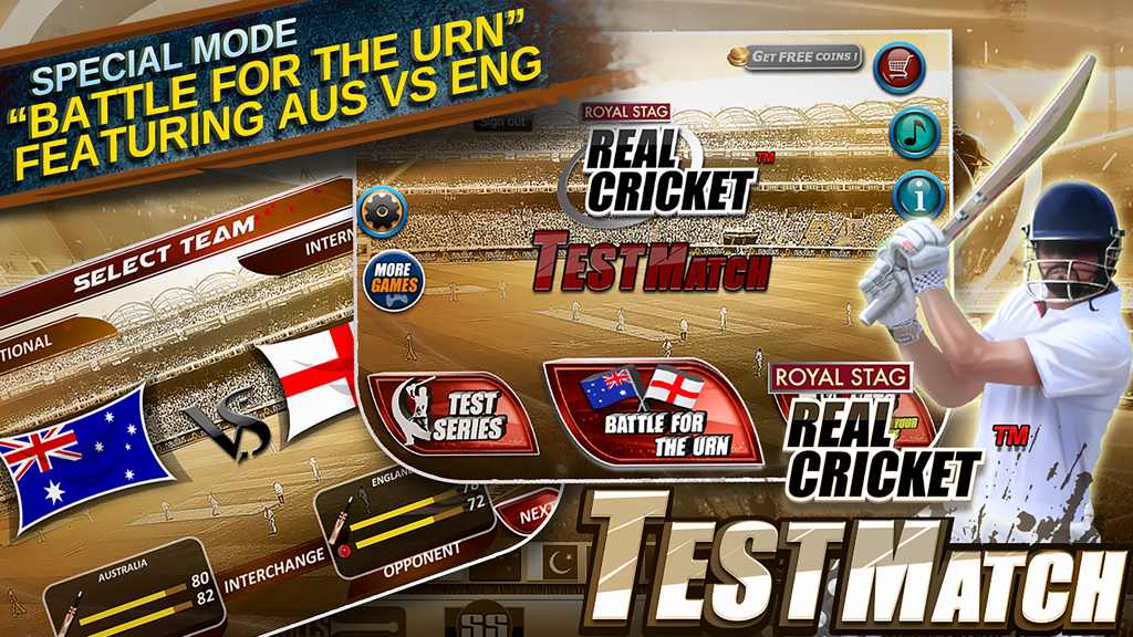 Real Cricket™ Test Match - Real Cricket Test Match game screen showing the Australia vs England Battle for the Urn mode
