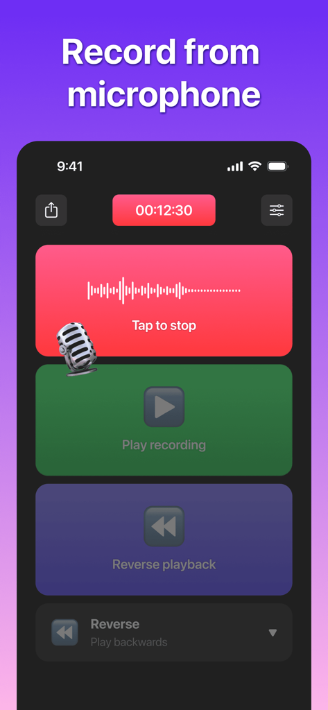 Reverse Audio: Record & Play - User interface of the Reverse Audio app showing buttons for recording from the microphone and playing or reversing audio.