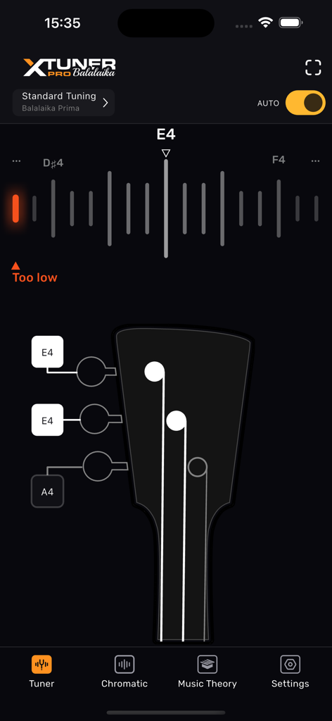 Balalaika Tuner – XTuner PRO - Balalaika Tuner XTuner PRO interface showing standard tuning for Balalaika Prima in auto mode