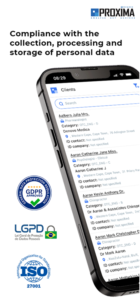 Proxima Cloud CRM mobile interface displaying client list and data privacy compliance certificates