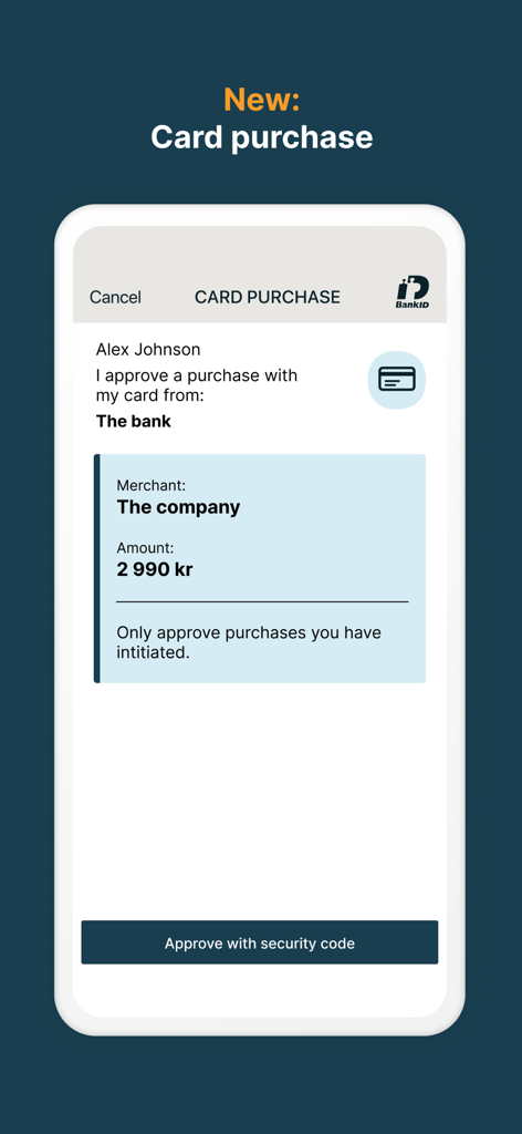 BankID Security App - Pantalla de la app BankID que muestra una solicitud de verificación de compra de tarjeta con una opción para aprobar con un código de seguridad.