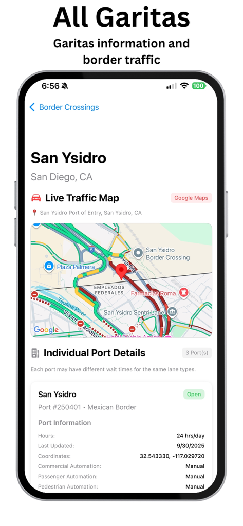 Live traffic map and port details for San Ysidro border crossing.