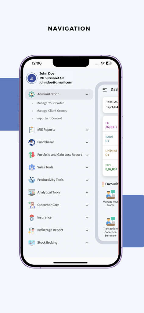 Prudent Partner Desk - Tela de smartphone mostrando o menu de navegação lateral do aplicativo Prudent Partner Desk com várias ferramentas de relatórios e gerenciamento financeiro