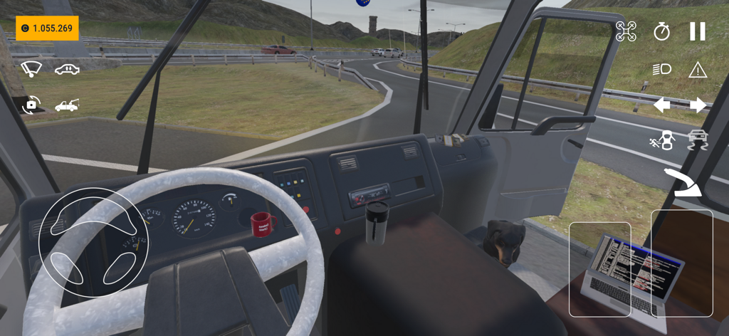 StreetPro Racing - A first-person cockpit view of a vehicle in StreetPro Racing featuring a customized interior with a dog and laptop