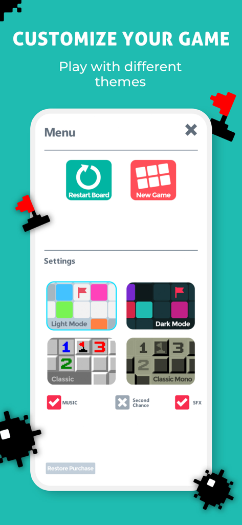 Minesweeper Go customization menu showing Light Dark Classic and Classic Mono theme options