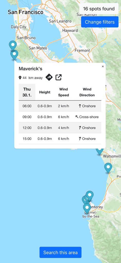 Kook Surf Finder – Spot Filter - Kook Surf Finder interactive map showing surf spots and a detailed forecast for Maverick's