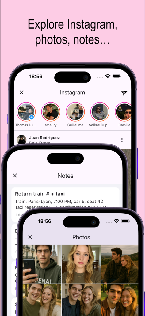Interfaz del juego Stalkie mostrando aplicaciones simuladas que incluyen redes sociales, notas y una galería de fotos