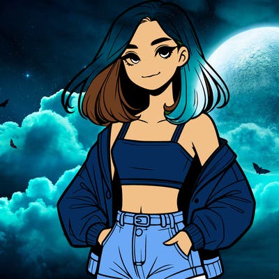 a realistic girl with a crop top and short shorts in an open jacket