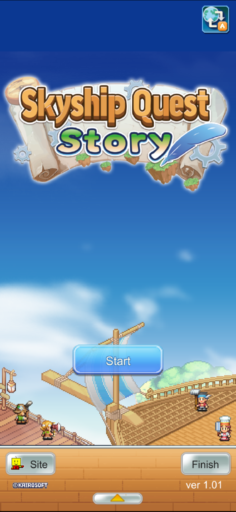 Start screen of Skyship Quest Story by Kairosoft showing the title and pixel art characters on an airship deck