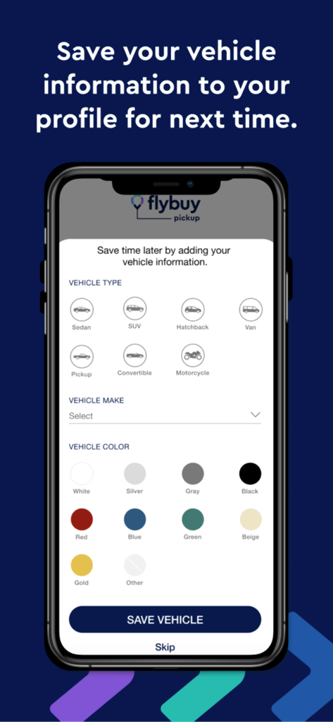 Flybuy Pickup - Flybuy Pickup app screen for saving vehicle type and color to a user profile for faster curbside pickup