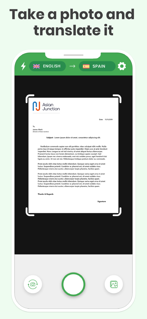 Interface of the Photo Translator app scanning an English business letter for translation to Spanish