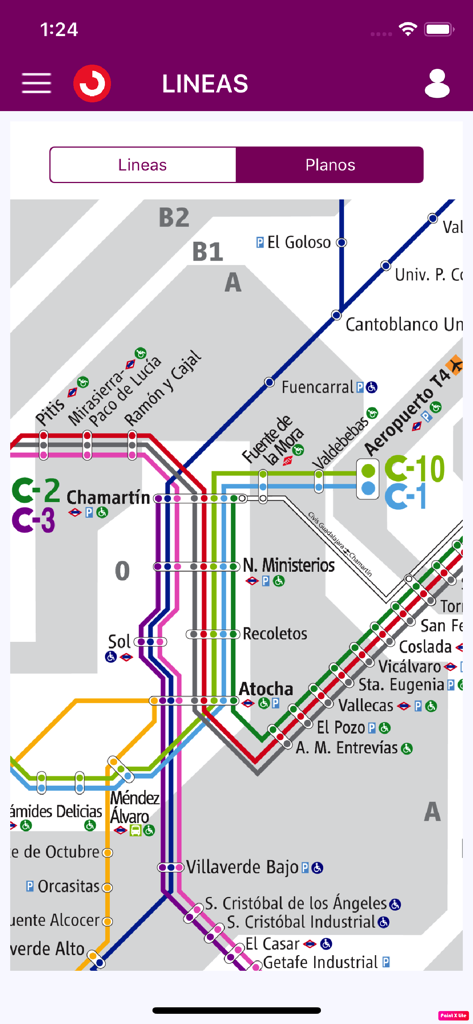 Mapa oficial de trenes de cercanías Renfe Cercanias de Madrid que muestra líneas y estaciones.