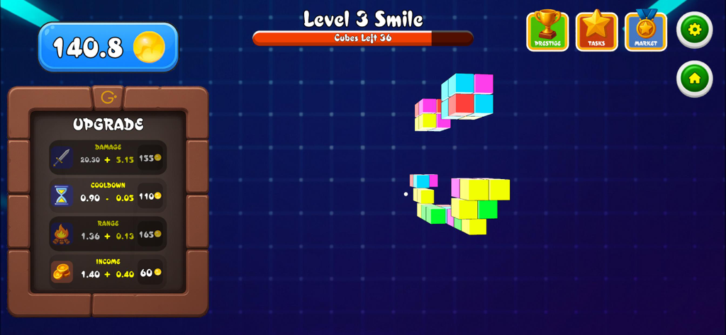 Ostec Crumble - Interface of Ostec Crumble game showing an upgrade menu and a smiley face made of colorful blocks.