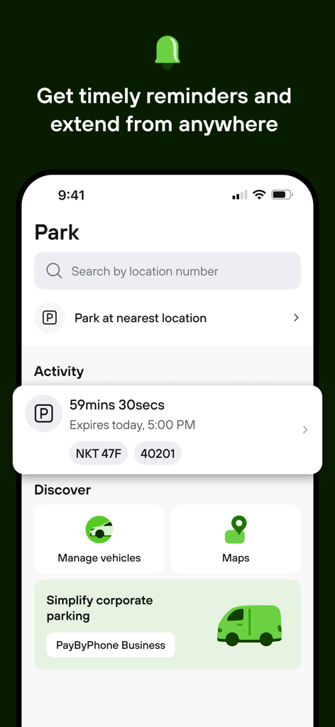 PayByPhone app interface showing an active parking countdown timer and options to manage vehicles and view maps.