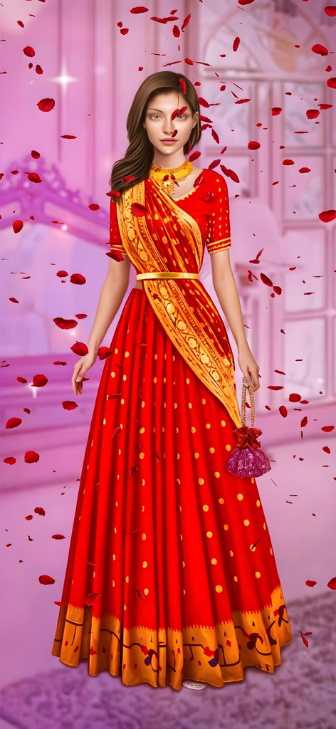 Wedding Fashion Stars - An Indian bride character wearing a traditional red and gold dress with falling rose petals.