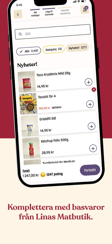 Linas Matkasse - Mobile app screen showing grocery items to add to a meal kit order