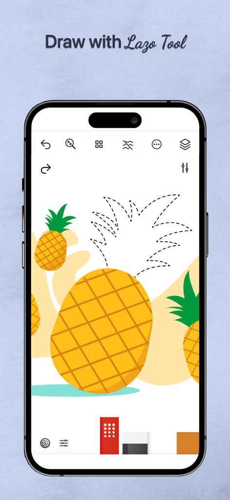 パイナップルの描画を選択するために、Lazoツールを使用したiPhone上のTayasui Watercolorアプリ