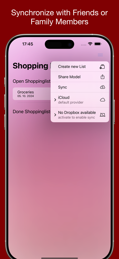 Shopping List For Me - Pantalla del iPhone mostrando la aplicación Lista de Compras Para Mí con un menú de opciones de sincronización de iCloud y Dropbox