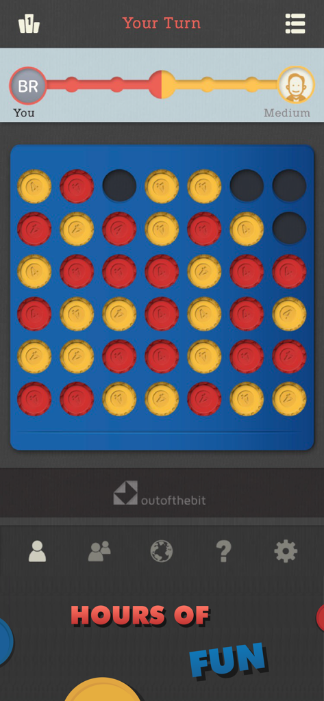 Four In A Row - Classic Games - Bildschirm des mobilen Spiels Vier Gewinnt, der rote und gelbe Steine in einem blauen Gitter zeigt